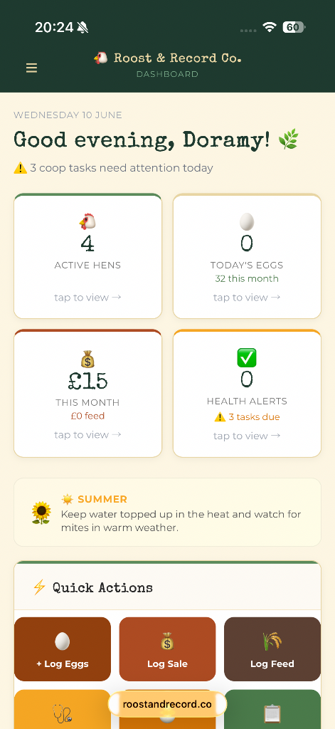 Dashboard screen — Roost & Record Co.