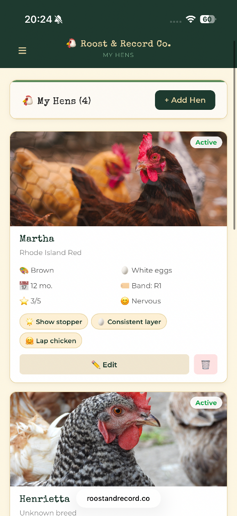 My Hens screen — Roost & Record Co.
